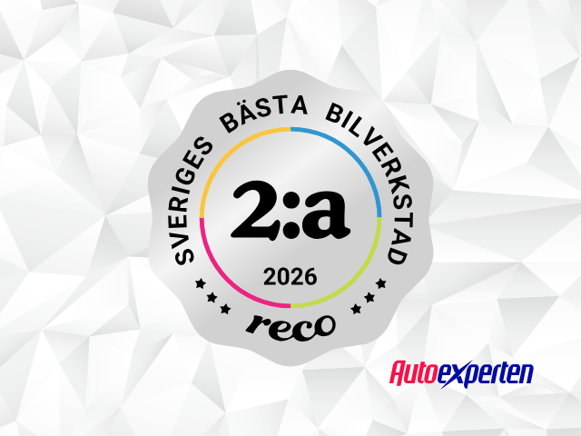 En illustration med en Reco bemärkelse för årets bilverkstad andra plats 2026 med Autoexperten logotyp till höger neder kant
