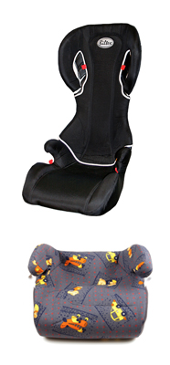 Bild på en svat Bältesstol och en bälteskudde med bilmotiv